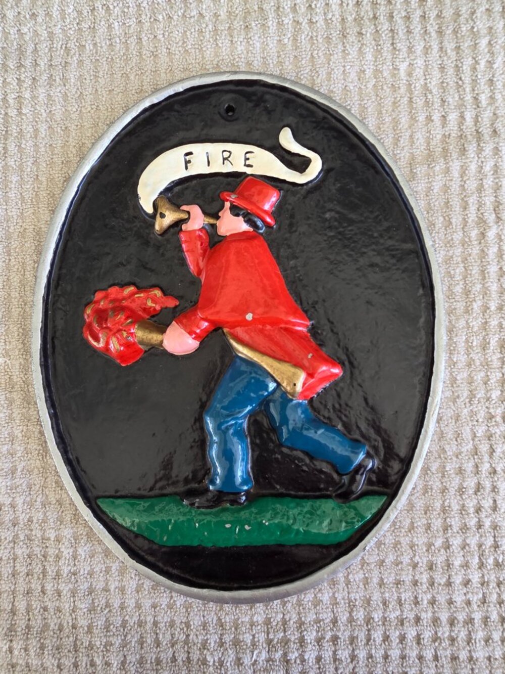 Cast Iron Fire Mark Insurance Wall Plaque Fireman Sounding Horn 11”x 8.75”